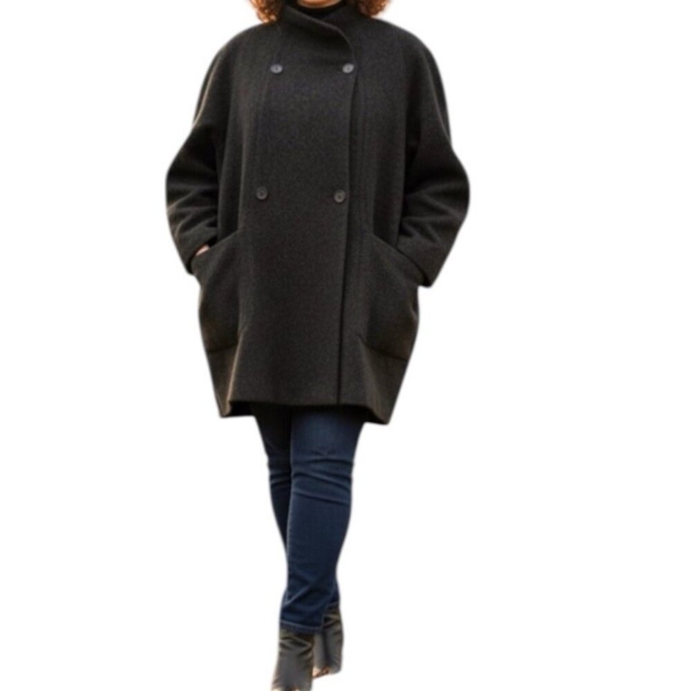 Vintage Ethel Pear for One Up Black 100% Pure Wool Double Breasted Coat Size XXL